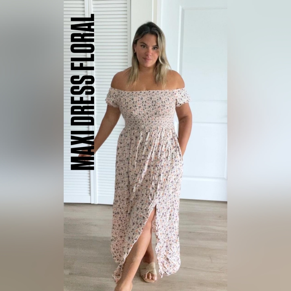 Off-Shoulder Floral Maxi Dress in Light Pink
